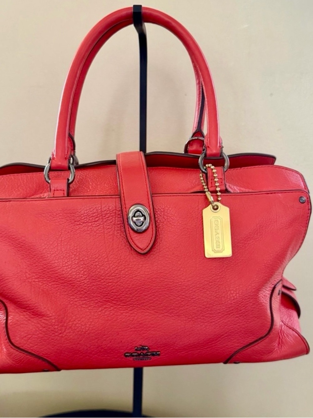 Coach Red Leather Satchel with Turnlock and Gold Tag